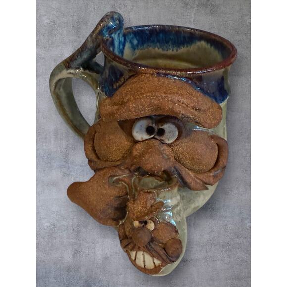 Vtg Robert Eakin Ugly Funny Face Stoneware Mug Handmade 3D Folk Art Pottery Cup - Picture 1 of 3